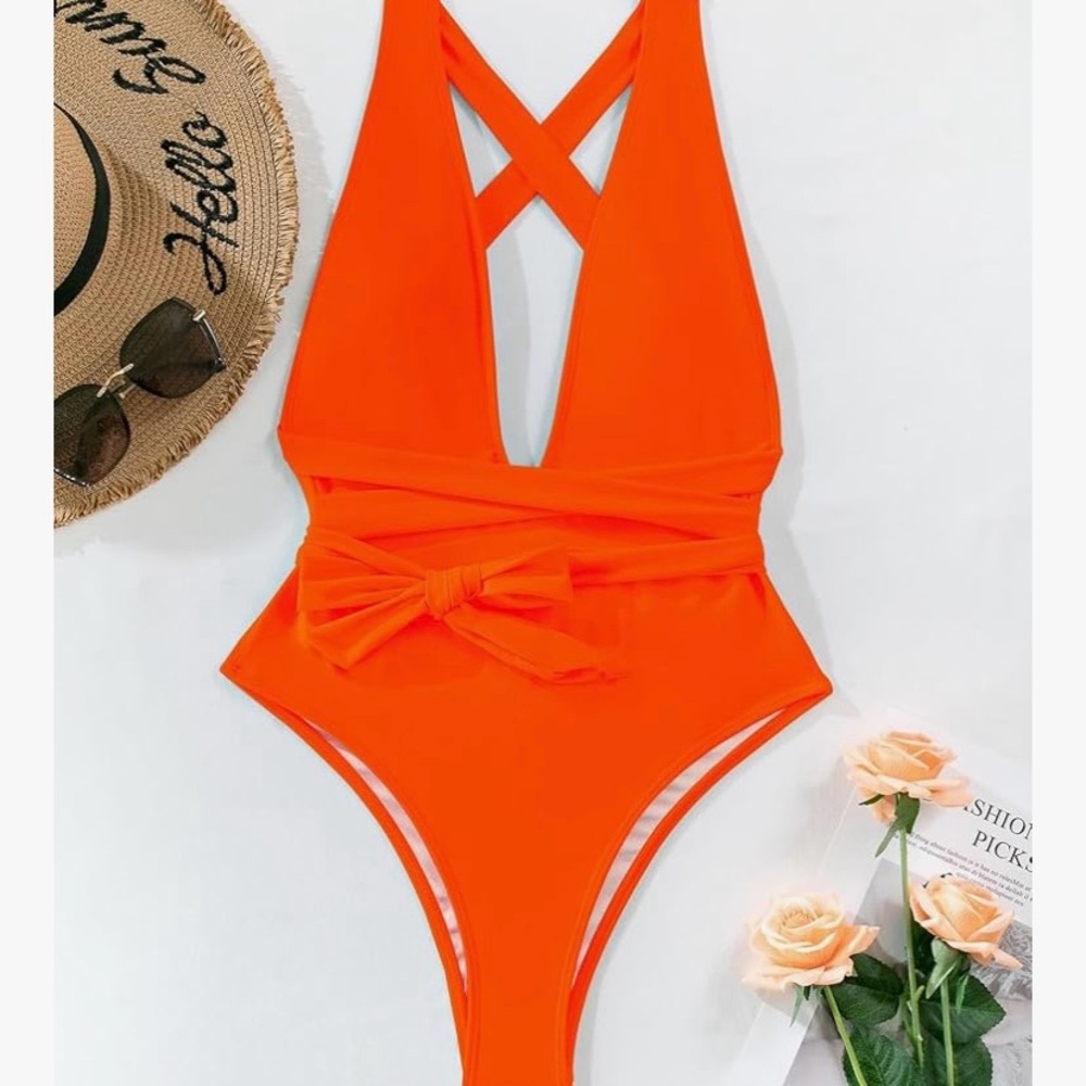 NWOT - Neon Orange Criss Cross Tie; One Piece Swimsuit; High Cut Brazilian Thong
